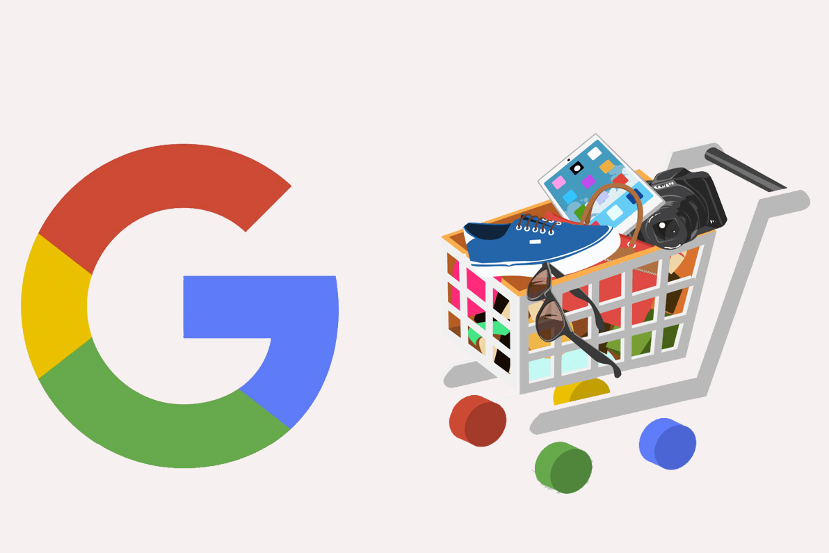 Imagem com o logo do google e um carrinho de compras, representante o google shopping